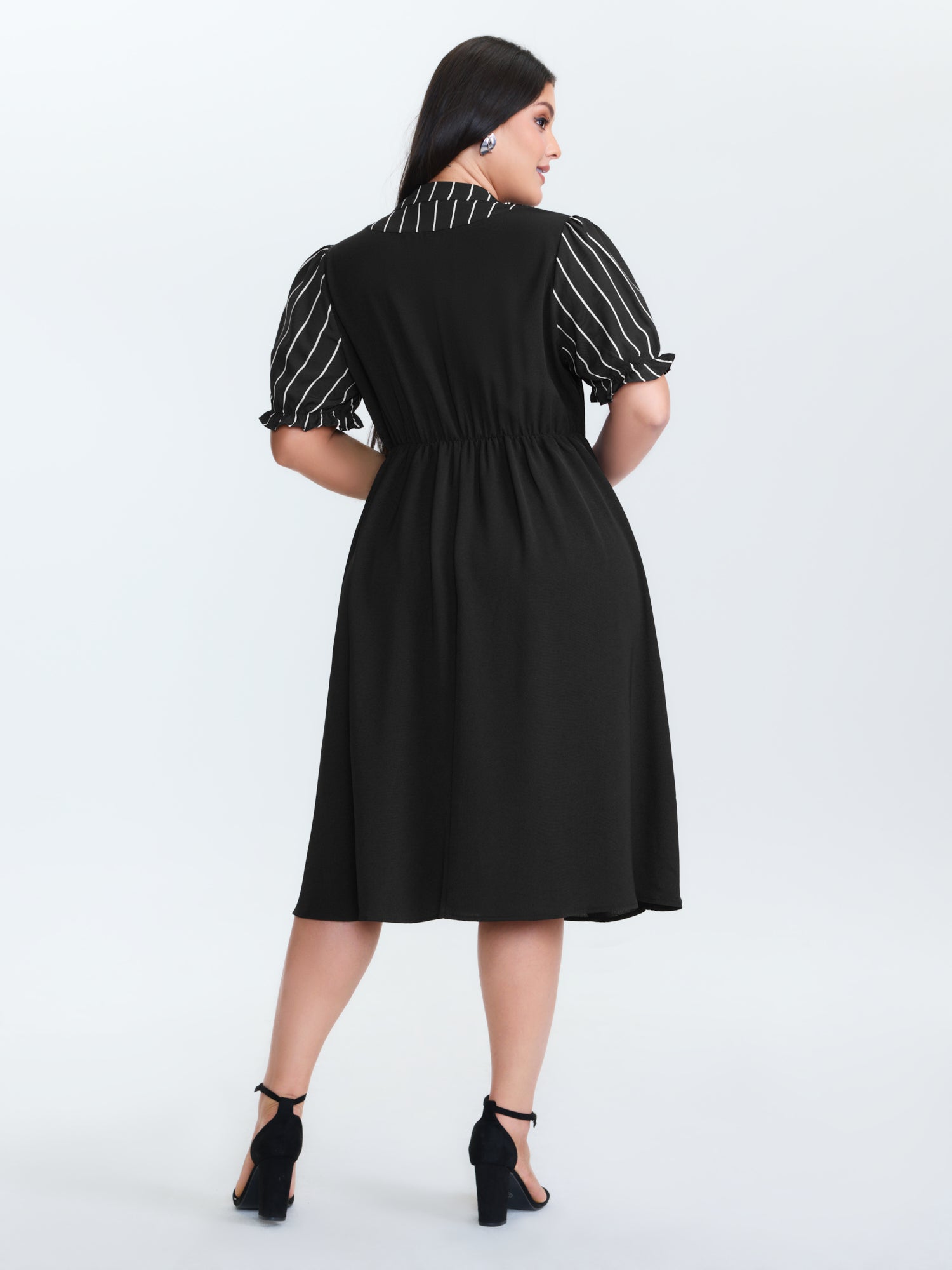 Striped Ribbon Neckline Contrast Midi Dress