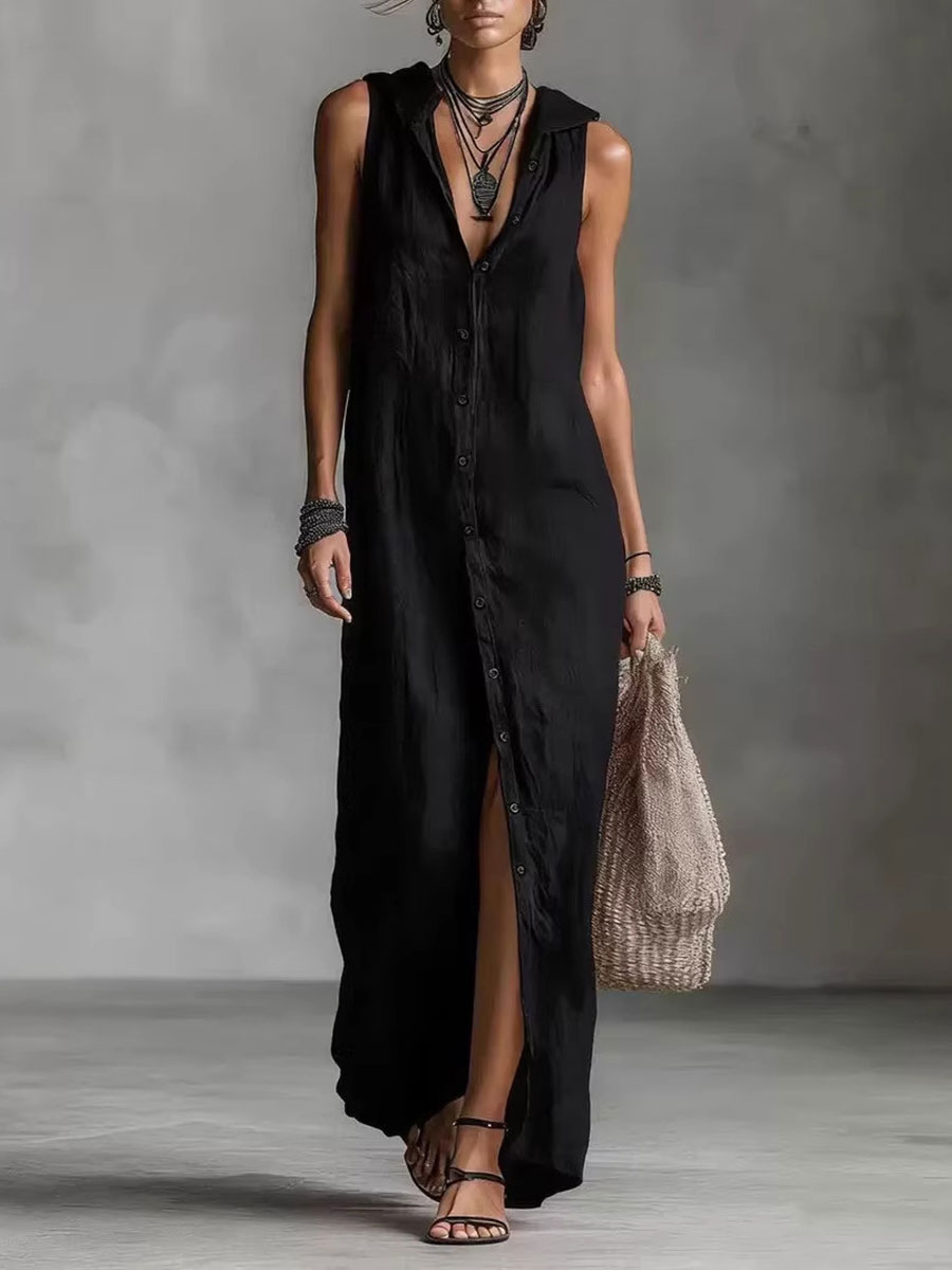 Women's Retro Hooded Solid Color Long-sleeved Cotton Linen Dress