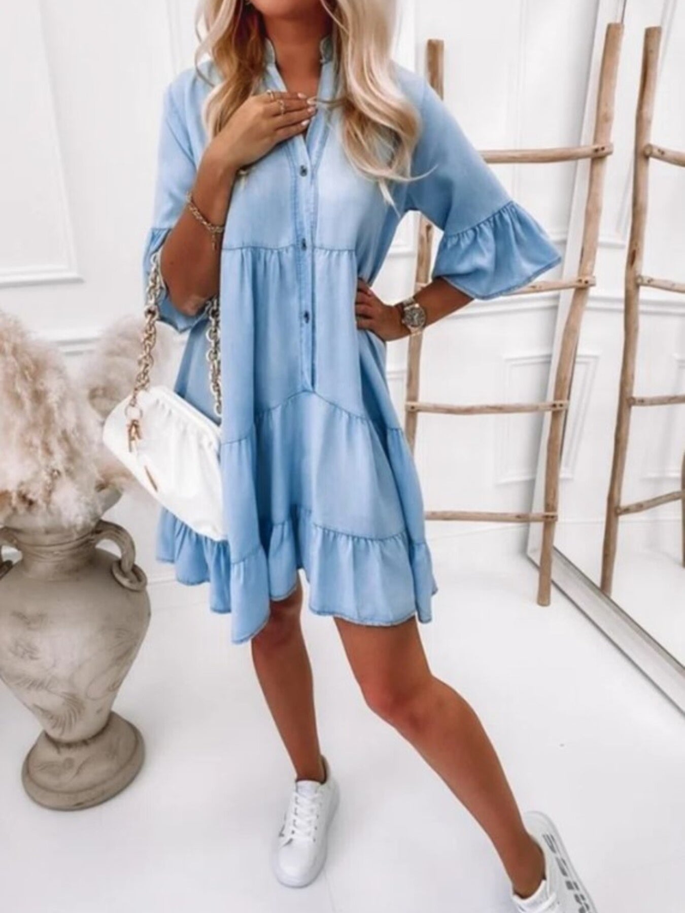 Ruffled Sleeve Button Front Mini Dress