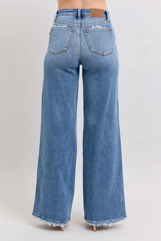 Blue Full Size Raw Hem Wide Leg Jeans Plus Size