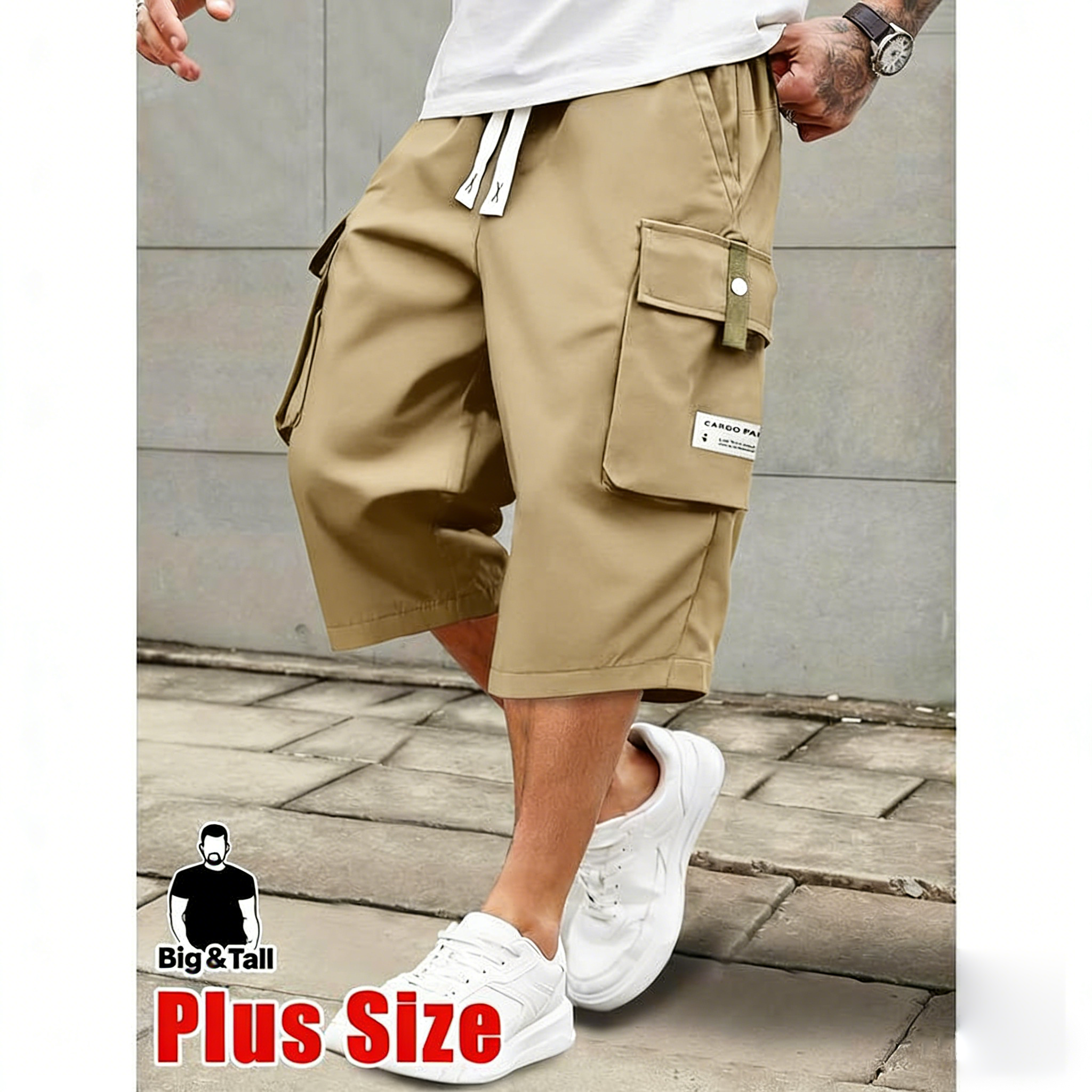 Men’s Plus Size Lightweight Cargo Pants with Drawstring Waist