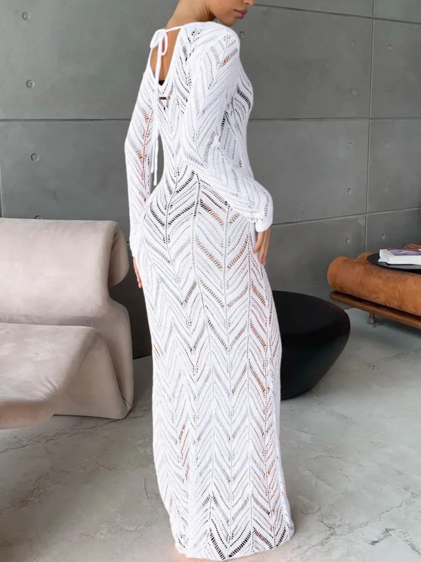 Openwork Long Sleeve Knit Cover Up Dress