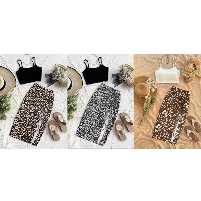 Women's Plain Cami Top & Ditsy Floral Print Ruched Drawstring Skirt