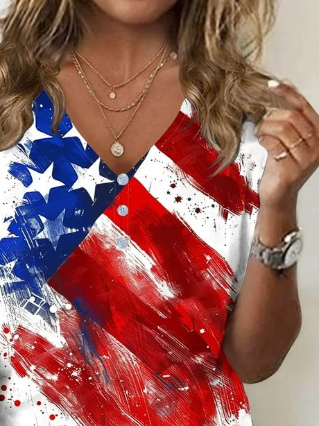 Regular Fit Independence Day V Neck Elegant T-Shirt