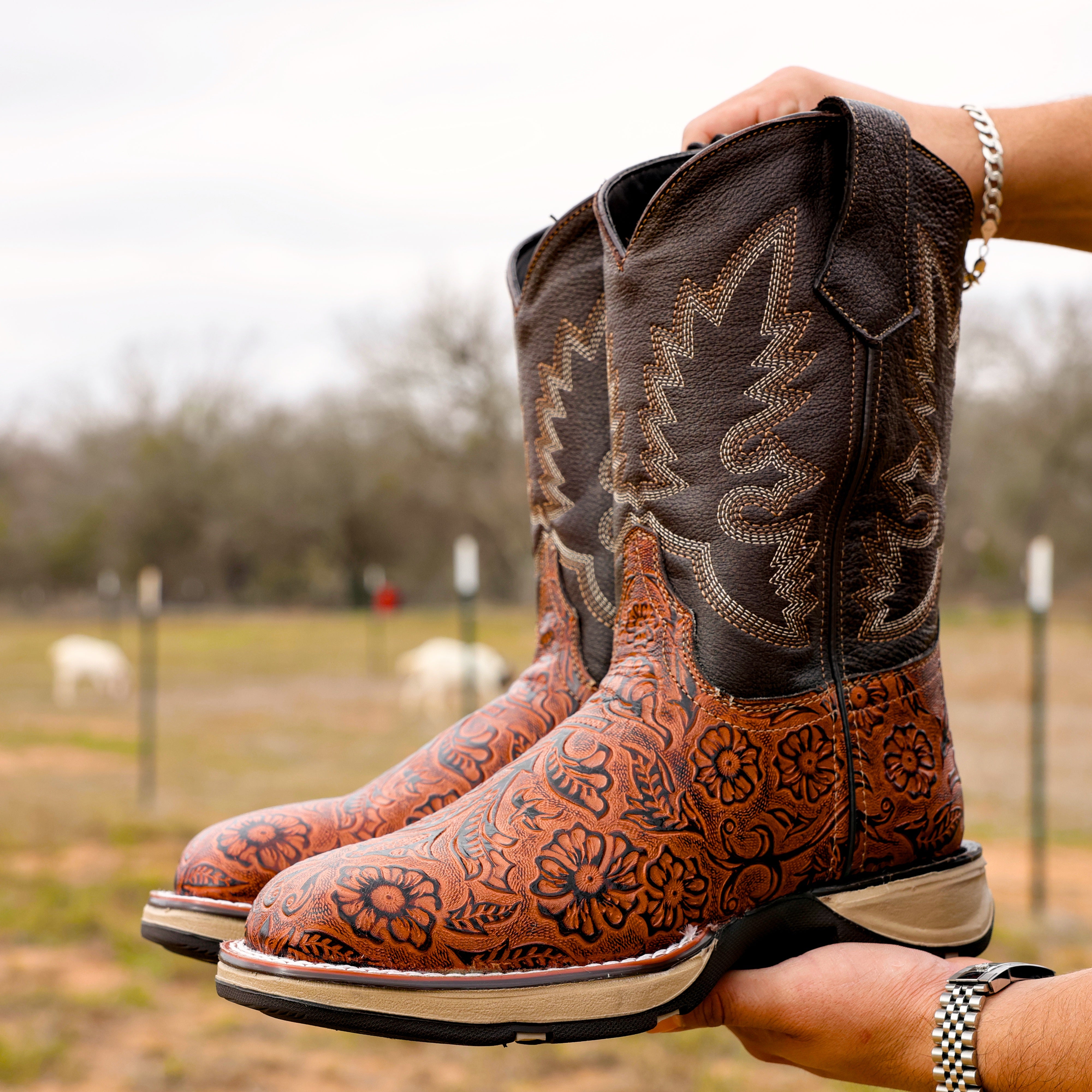 Cognac Hand-Tooled Leather Boots - Composite Toe