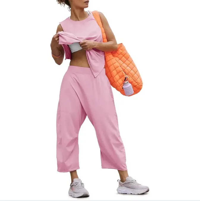 Fisace Women's Summer 2-Piece Outfit – Sleeveless Tank Top & Wide Leg Pocketed Pants Workout Sweat Set