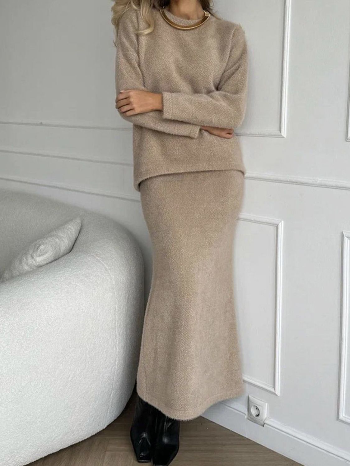 Round Neck Dropped Shoulder Top And Midi Skirt Sweater Set