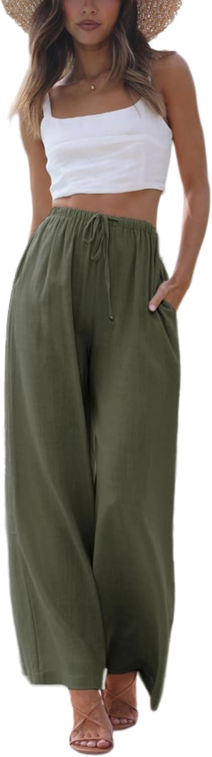 Faleave Women's Cotton Linen Summer Palazzo Pants Flowy Wide Leg Beach Trousers with Pockets