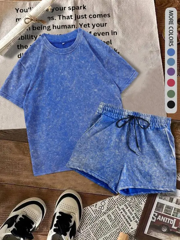 Women's 2-Piece Summer Set – Fitted Cotton Tee & Denim-Print Shorts