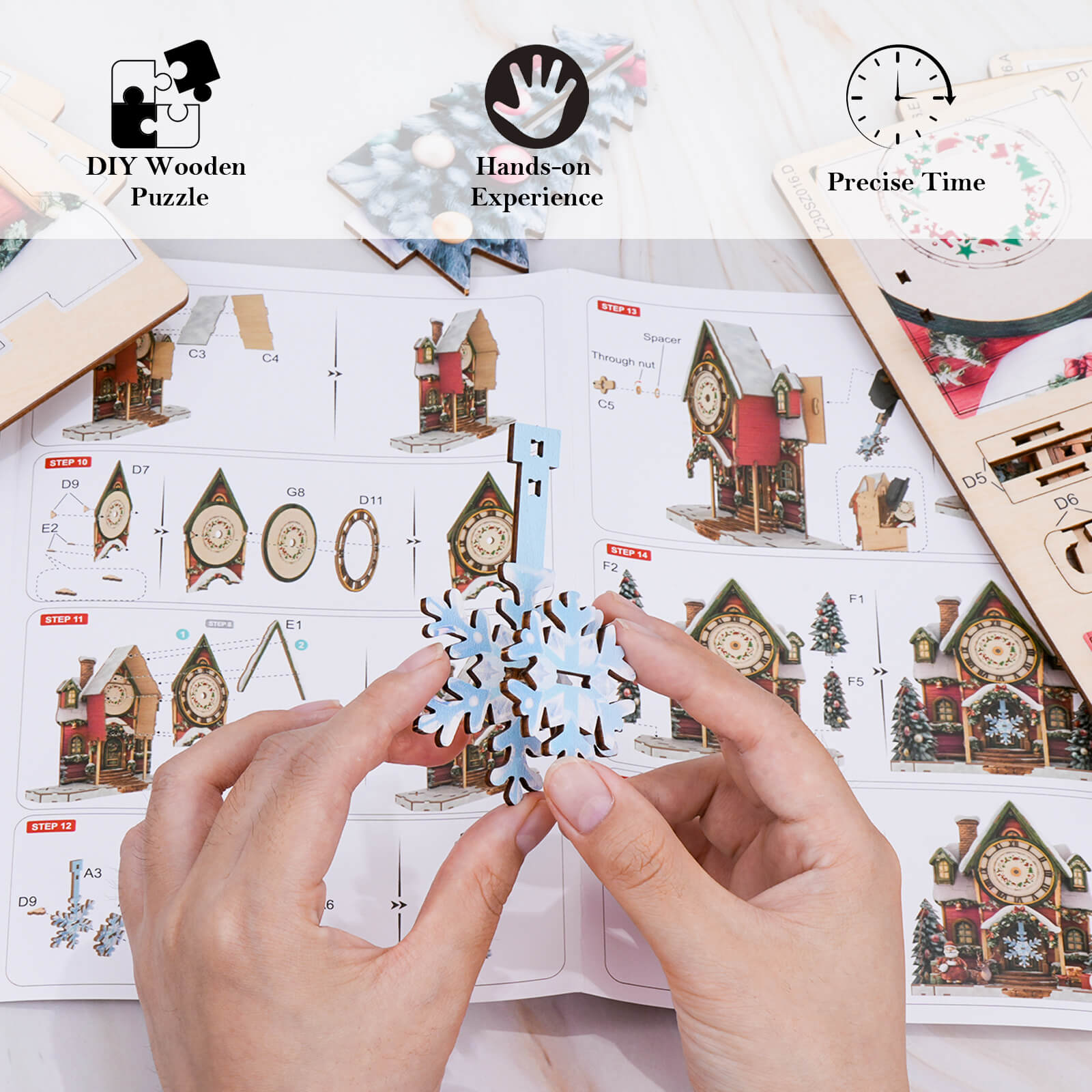 Christmas Houseâ€“ DIY Wooden Clock, 3D Puzzle Craft Kit