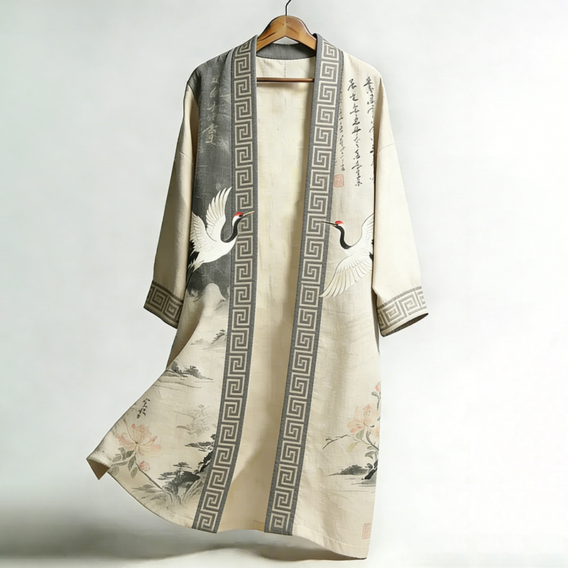 Men's Japanese Retro Calligraphy Crane Art Flowing Kimono