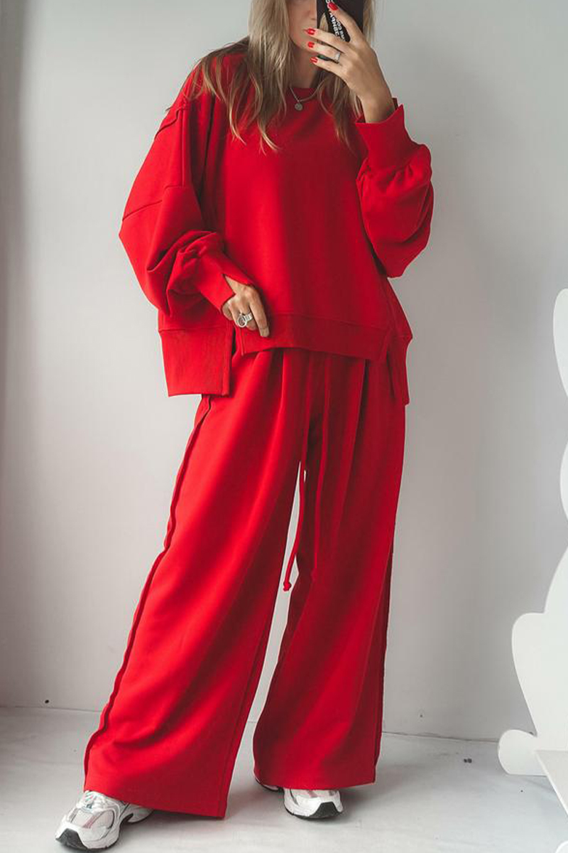 Women Round Neck Spliced Sweatshirt + Drawstring Pants Casual Set