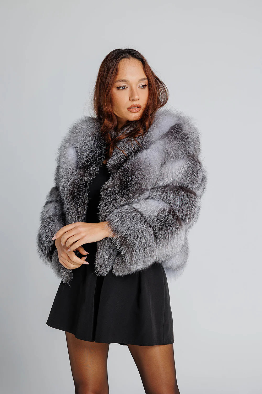 Haină din Blană Naturală de Vulpe Argintie, V Model, Transformabilă, Femei, Grey Frost 349