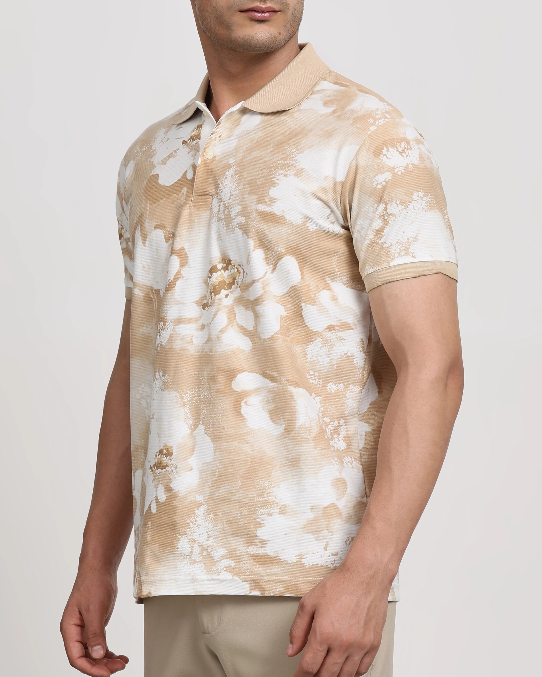 Casual Minimalist British Style Beige Floral Polo Shirt