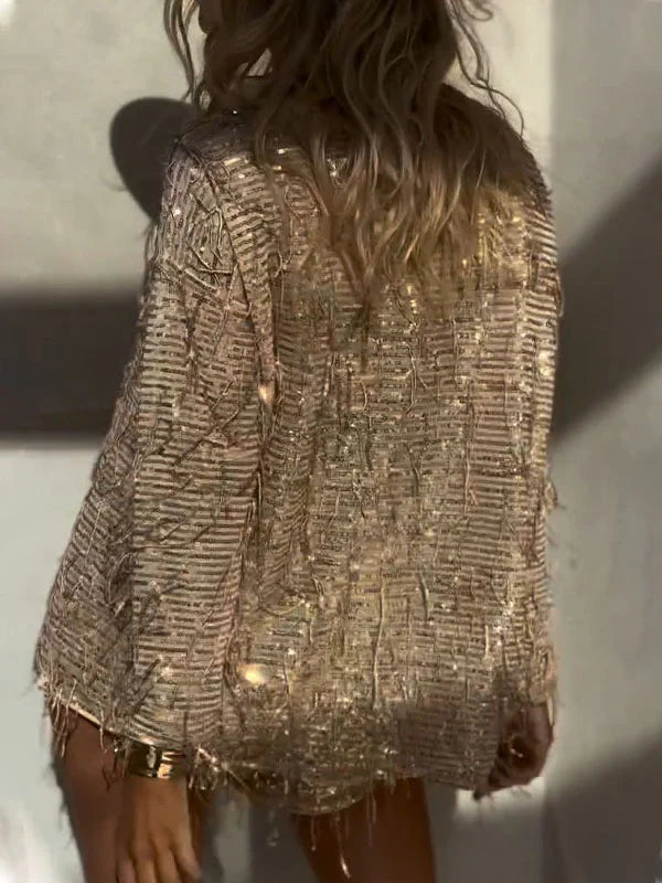 Women's Round Neck Tassel Sequined Casual Suit