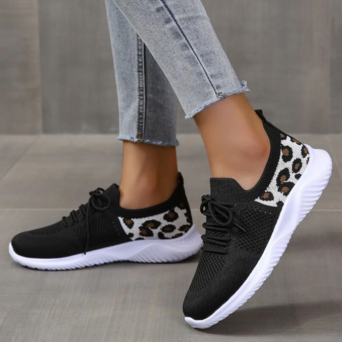 Leopard Breathable Mesh Lace Up Athletic Shoes (2 color options)