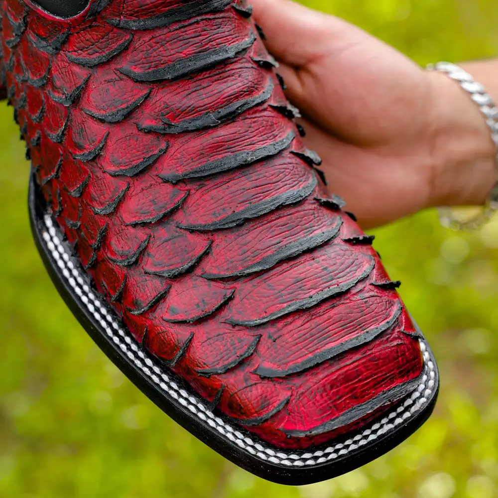 Black Cherry Python Leather Boots - Square Toe