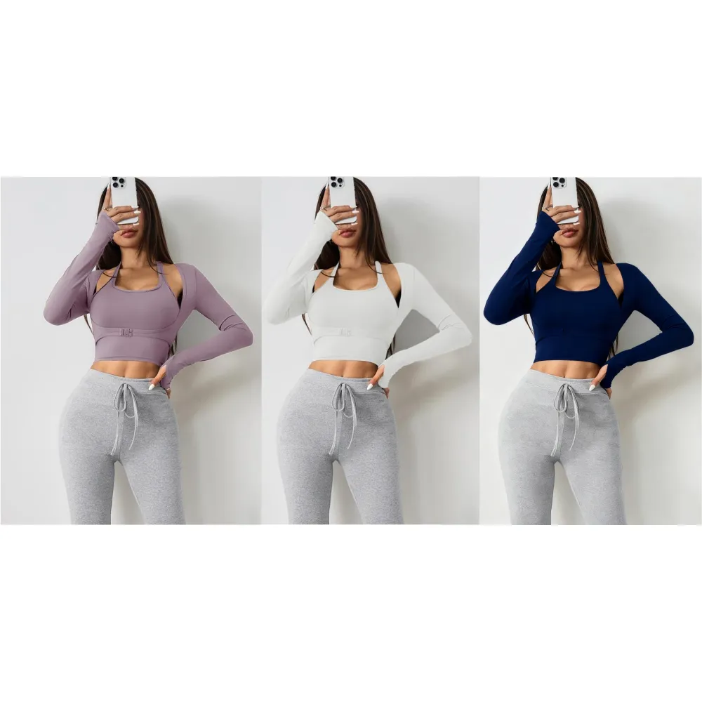 Women's Halter Crop Tank Top & Thumb Hole Sports Tee Set