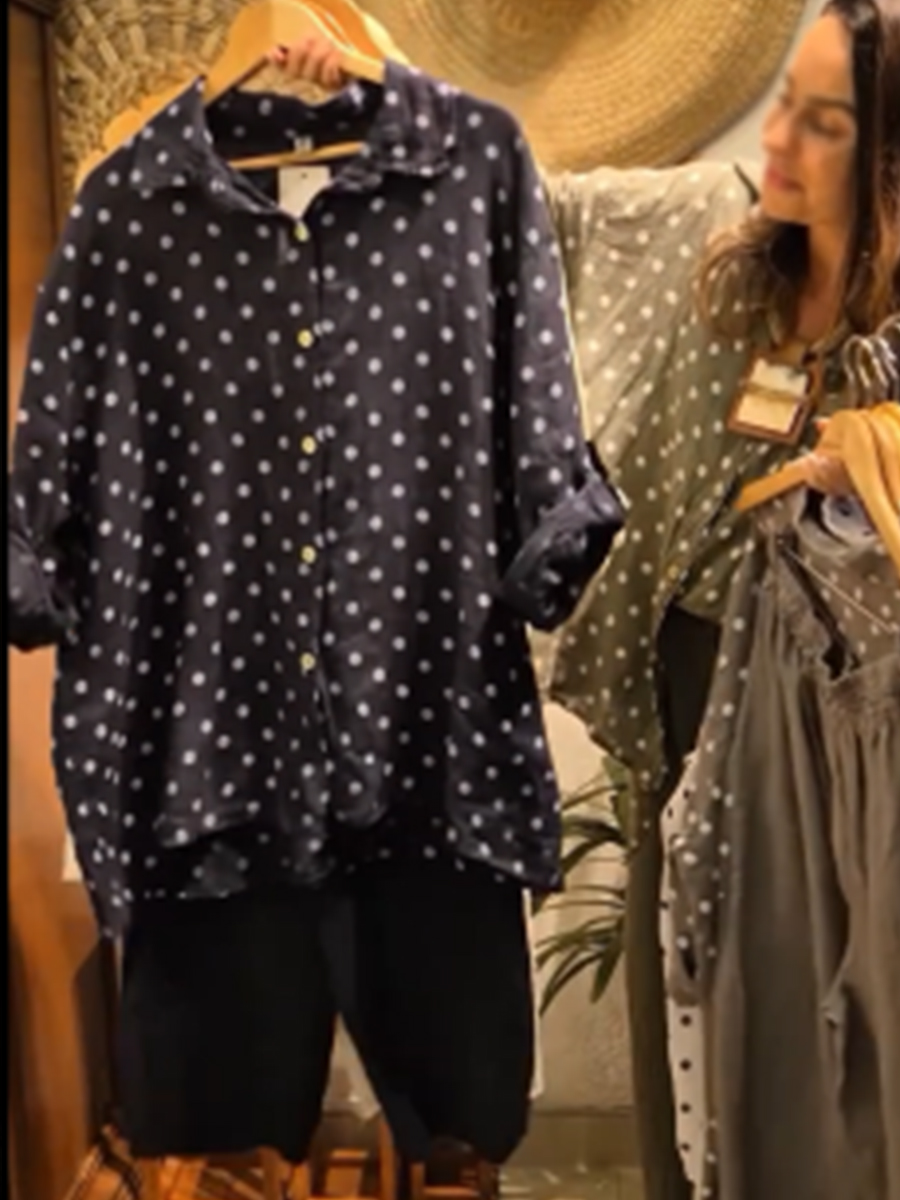 Casual Polka Dot Linen And Cotton Shirt And Trousers Two-piece Set