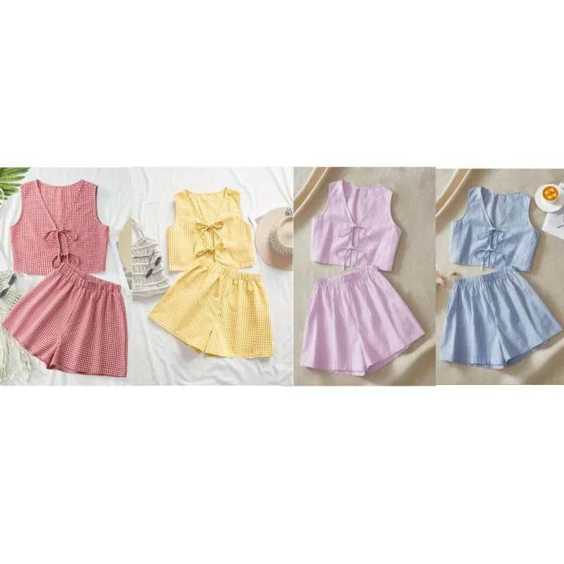 Women's Plaid Print Tank Top & High Waist Shorts Set