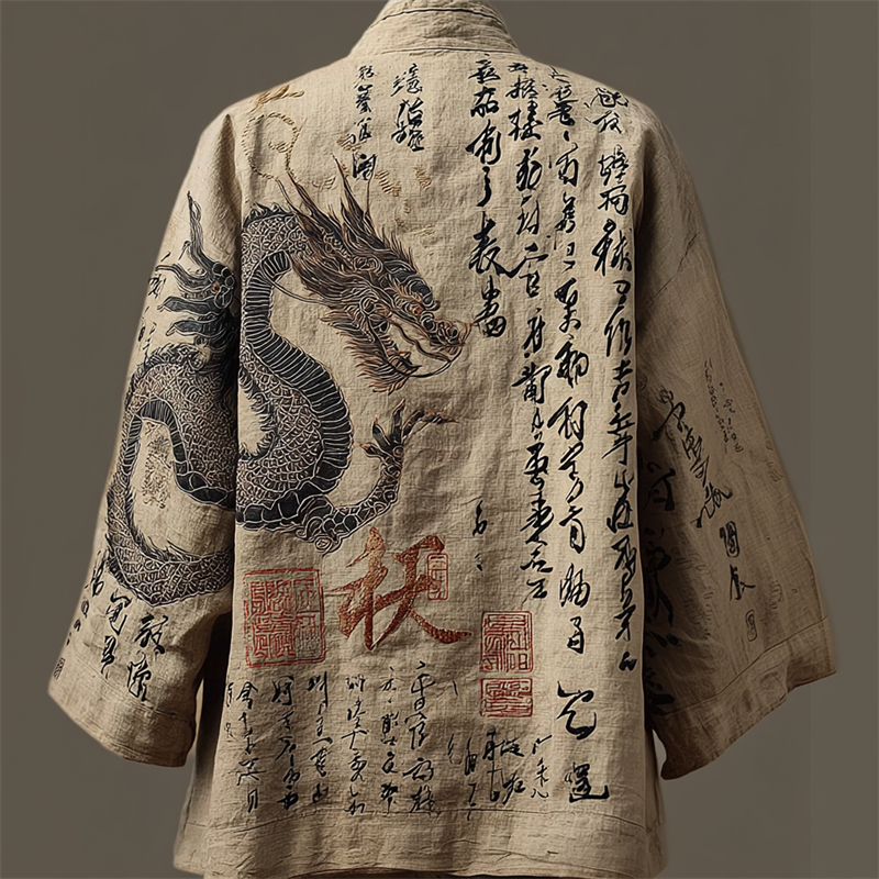 Japanese Gragon Calligraphy Art Embroidered Linen Kimono Cardigan