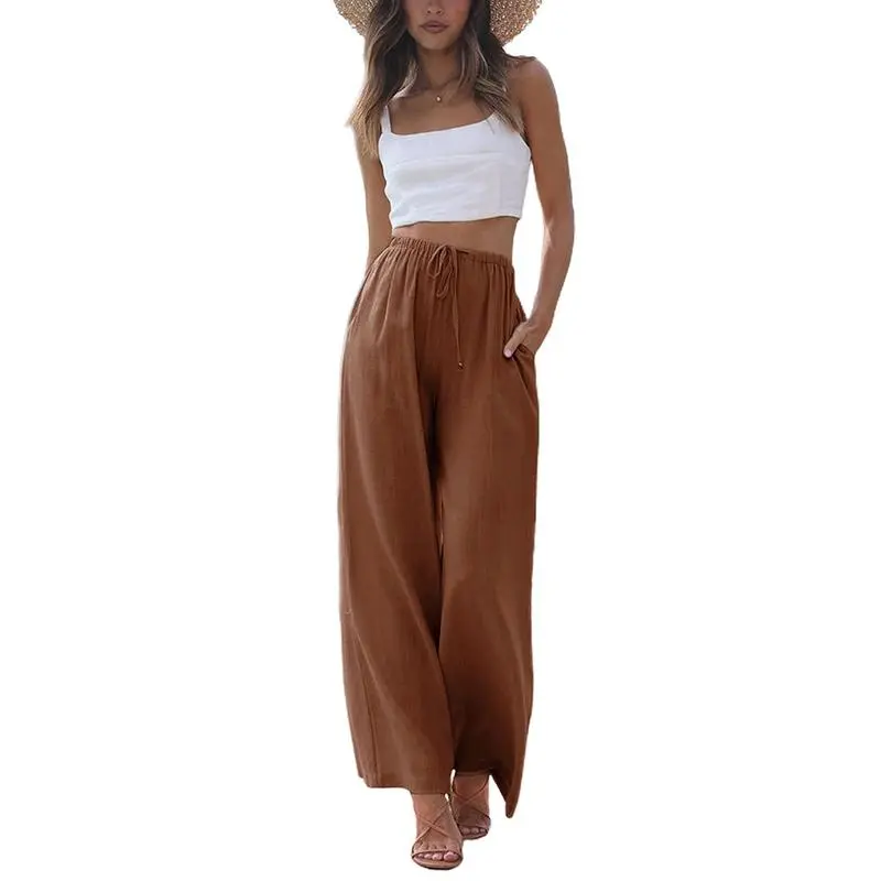 Women's Cotton Linen Summer Palazzo Pants Flowy Wide Leg Beach Trousers with Pockets Casual Womenswear