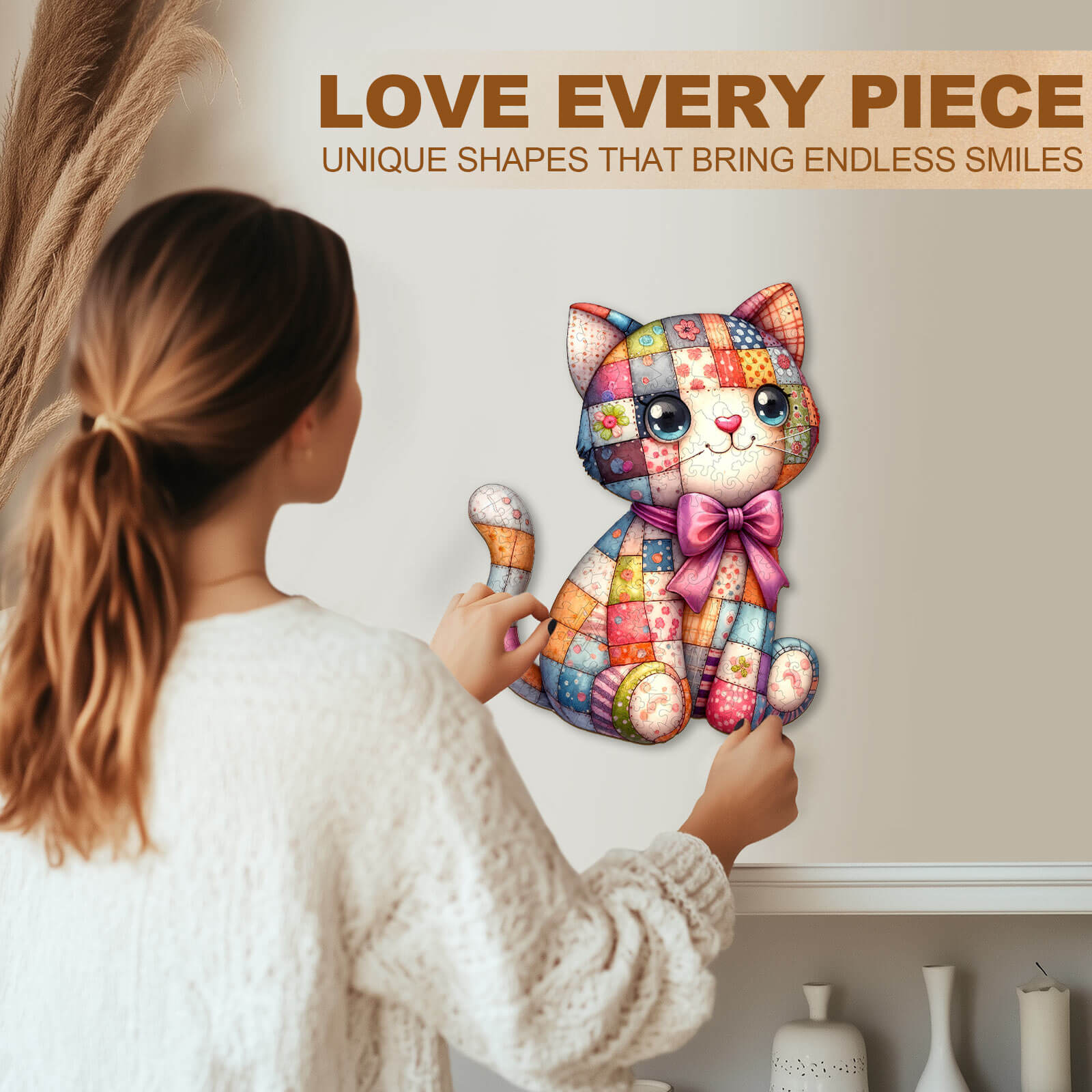 Cute Patchwork Cat Wooden Jigsaw Puzzle