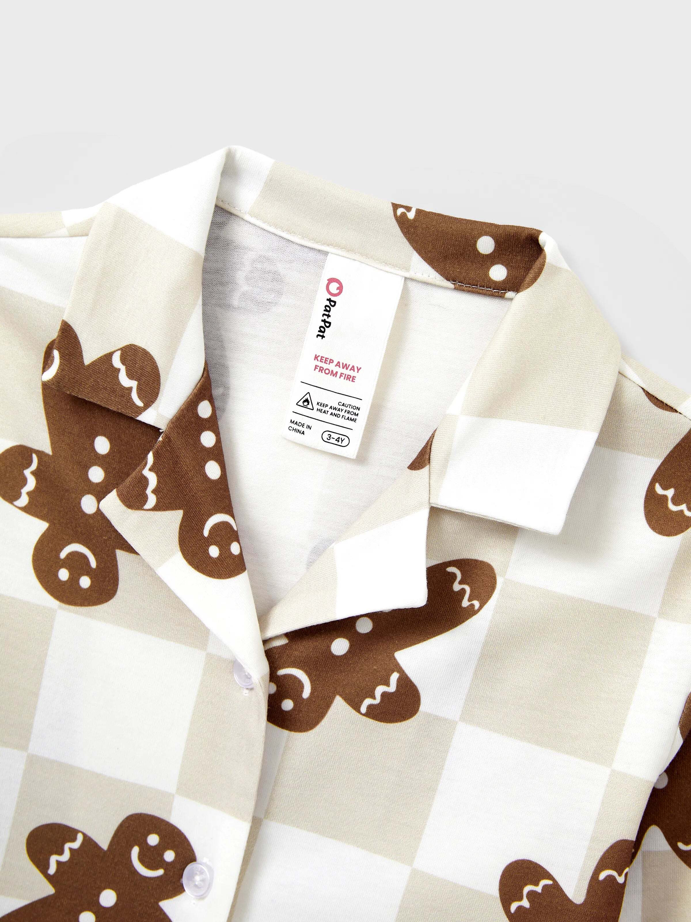 Christmas Matching Family Pajamas Set Block checkered Gingerbread Print PJS with Christmas Socks Khaki