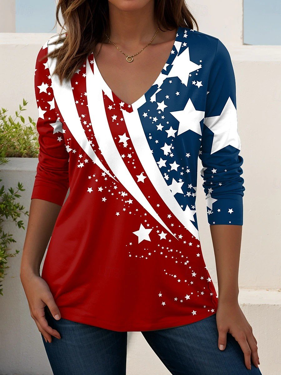 Casual America Flag Printing V Neck Long Sleeve T-shirt