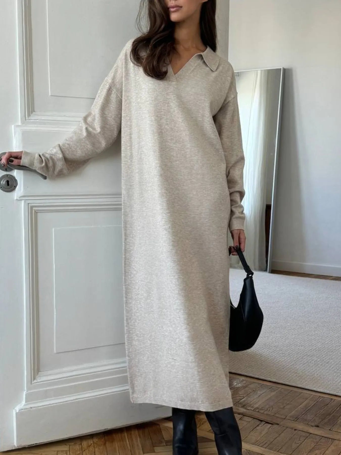 Long Sleeve Collared Neck Knit Dress