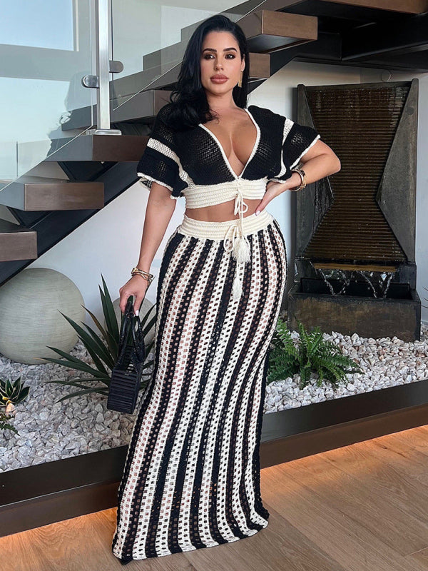 Deep V-Neck Hollow Knit Striped Floor Length Dress