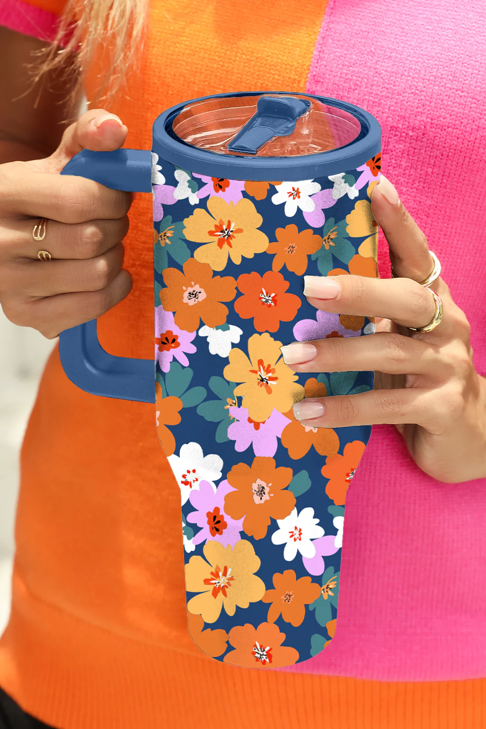 Sky Blue Flower Print Stainless Steel Large Vacuum Cup