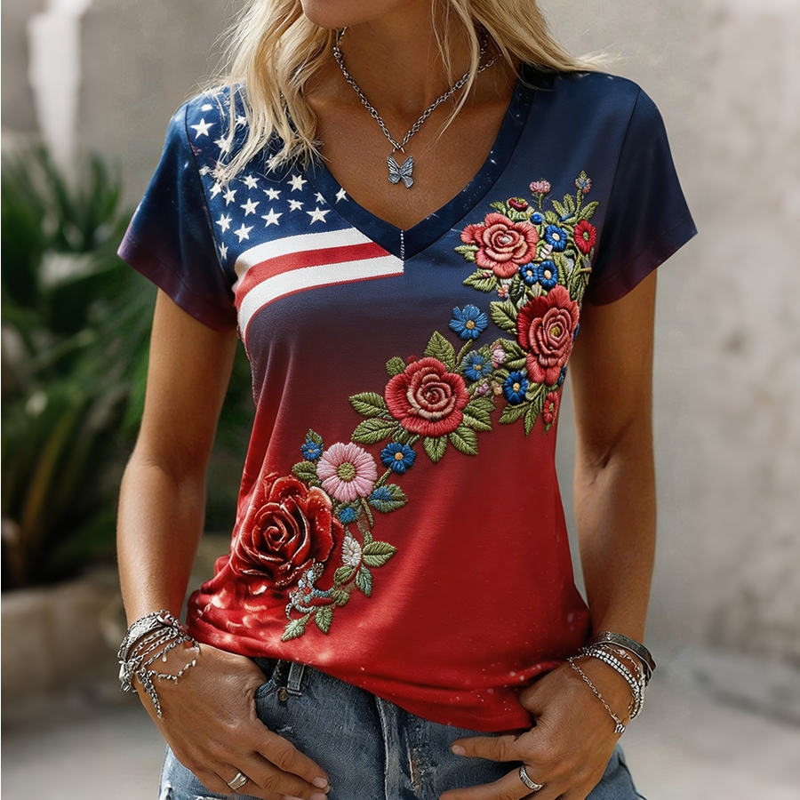 Women's Patriotic American Flag Floral Embroidered V-Neck T-Shirt