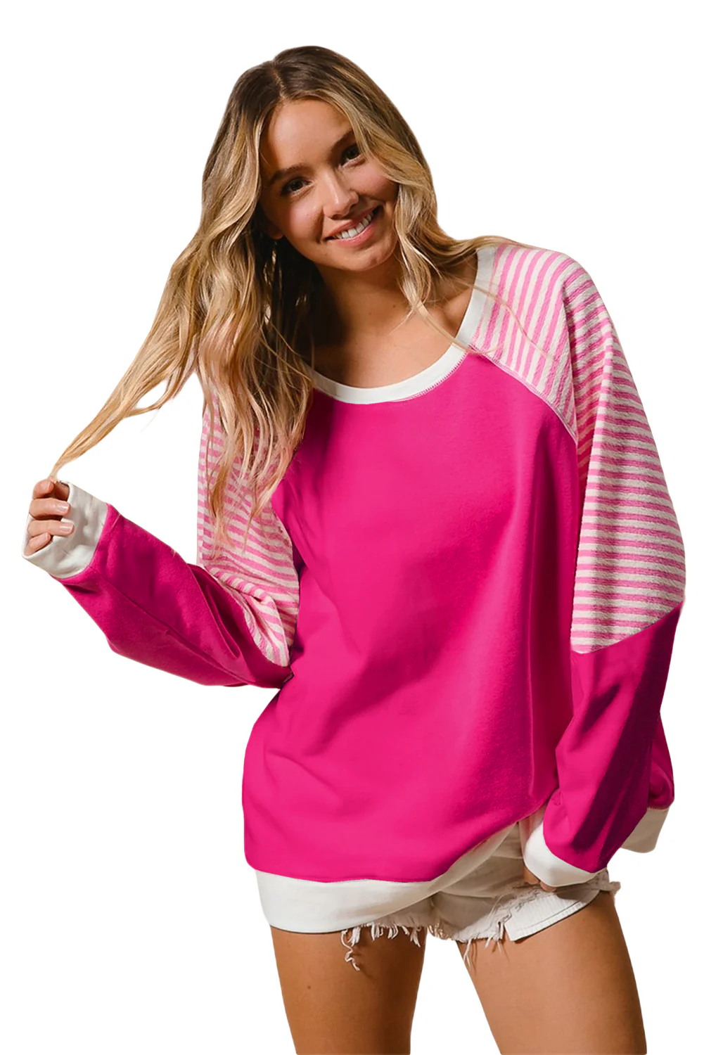 Strawberry Striped Patchwork Crew Neck Raglan Sleeve Top