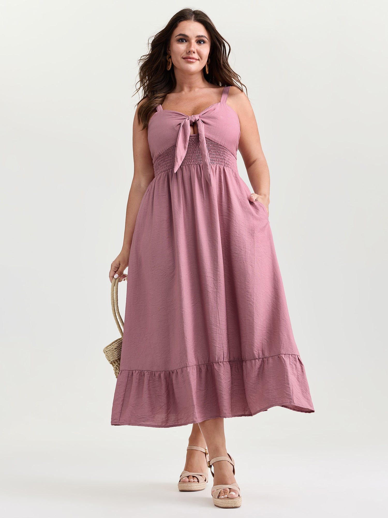 Twist-Front Shirred Back Ruffled Hem Midi Dress