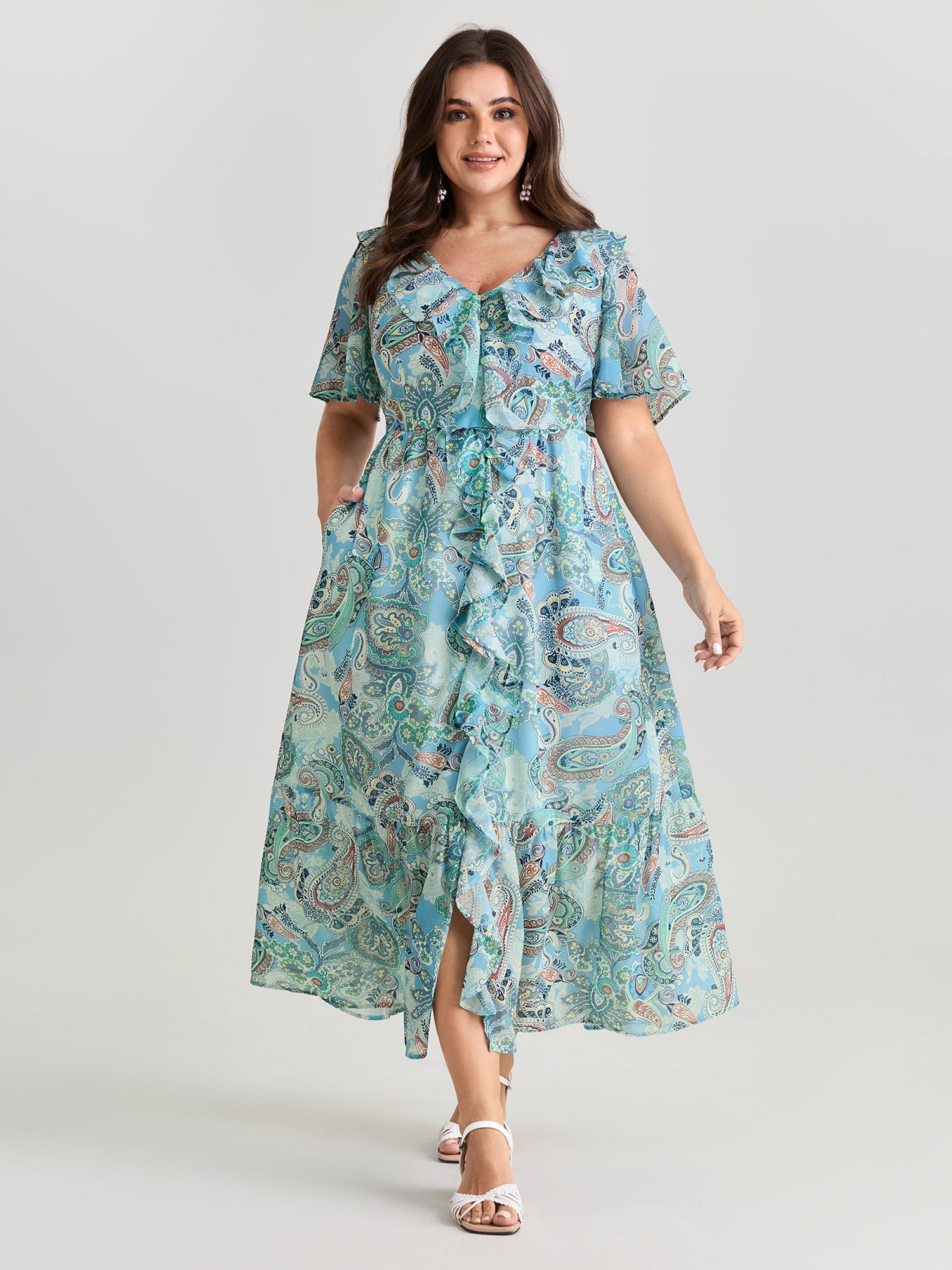 Delicate Paisley Print Ruffled Detail Maxi Dress