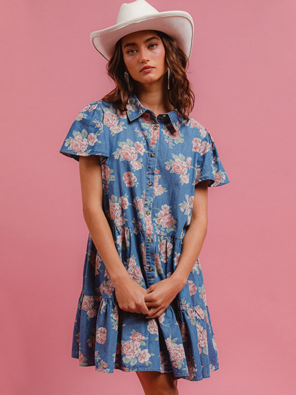 Blue Floral Print Denim A-Line Lapel Shirt Dress