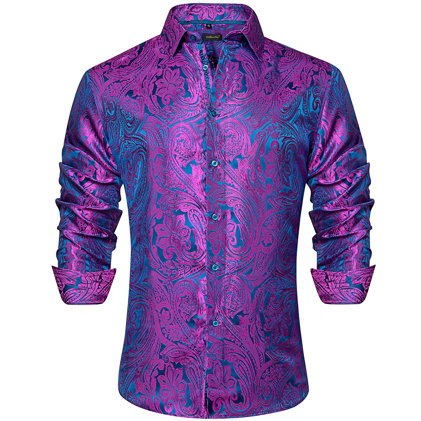 Men's Paisley Dress Shirt Long Sleeve Wrinkle Free Button Down Cowboy Shirts - Hot Pink&teal&paisley