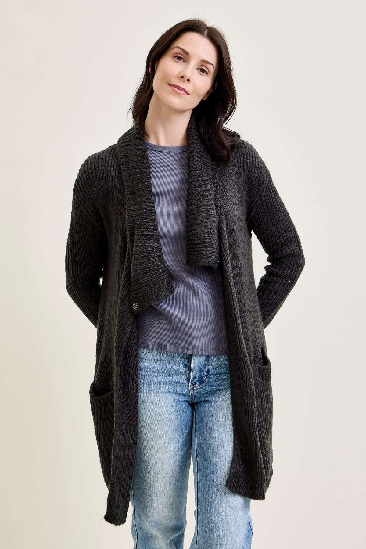 Drape Front Cardigan Charcoal Grey Sweater