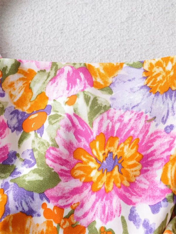 Back Tie Design Backless Dress Fresh And Sweet Short Skirt Popular Ruffled Print A-Line Skirt