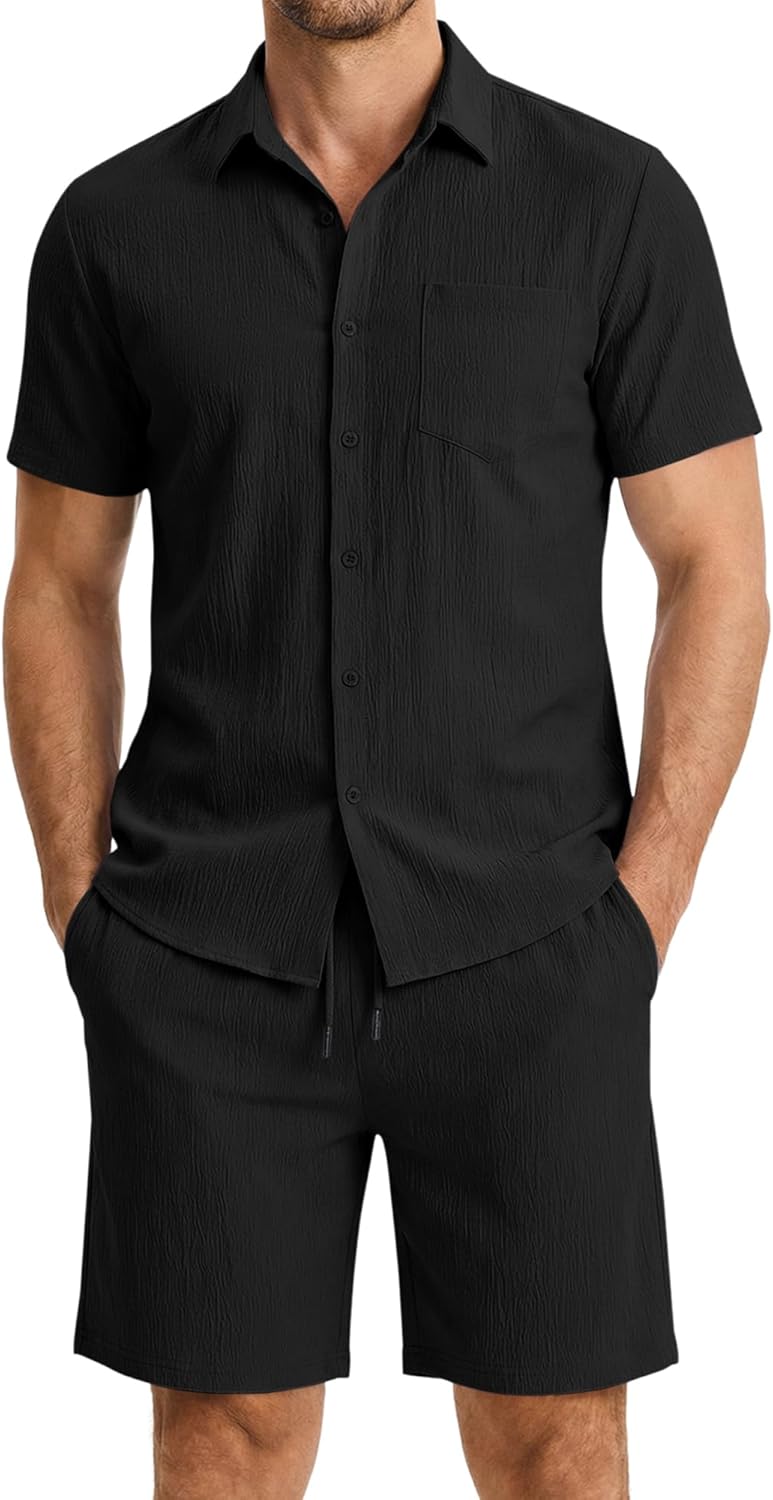 Mens 2 Piece Short Sets Short Sleeve Shirts and Shorts Summer Beach Vacation Texture Outfits