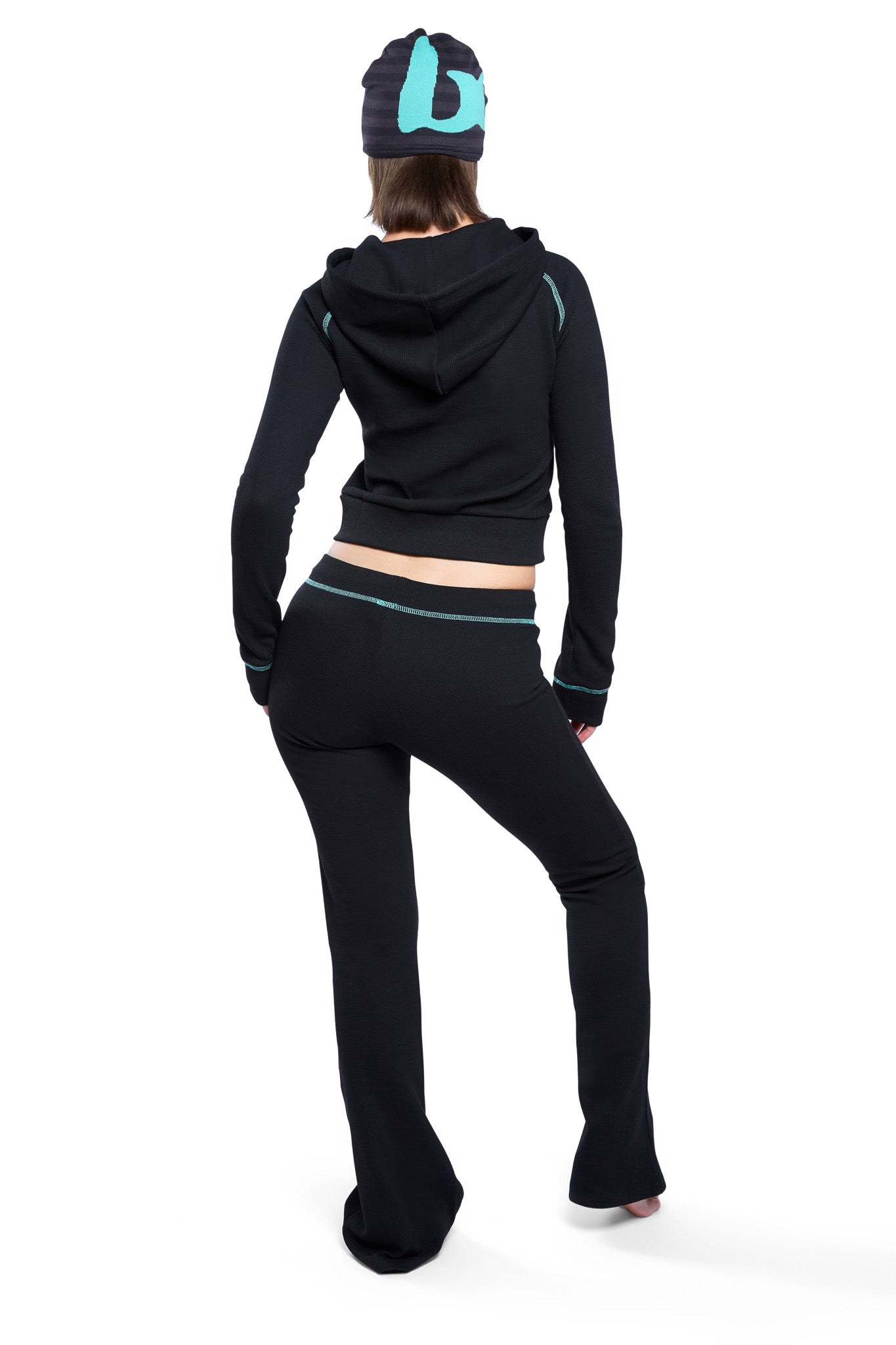 WAFFLE KNIT BOOT CUT PANTS (BLACK/TIFFANY BLUE)