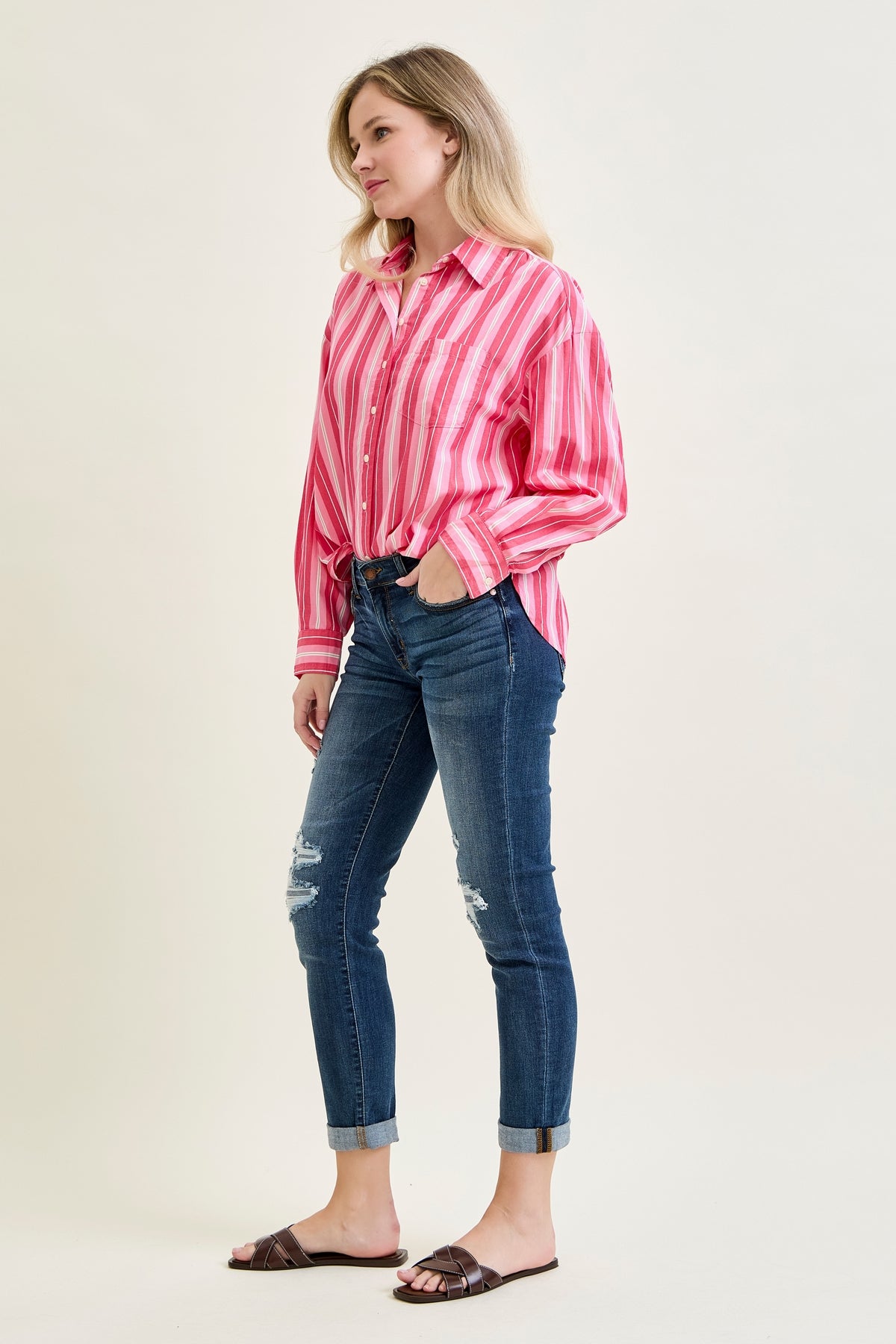 Aubree Mid Rise Distressed Boyfriend with Cuffed Hem