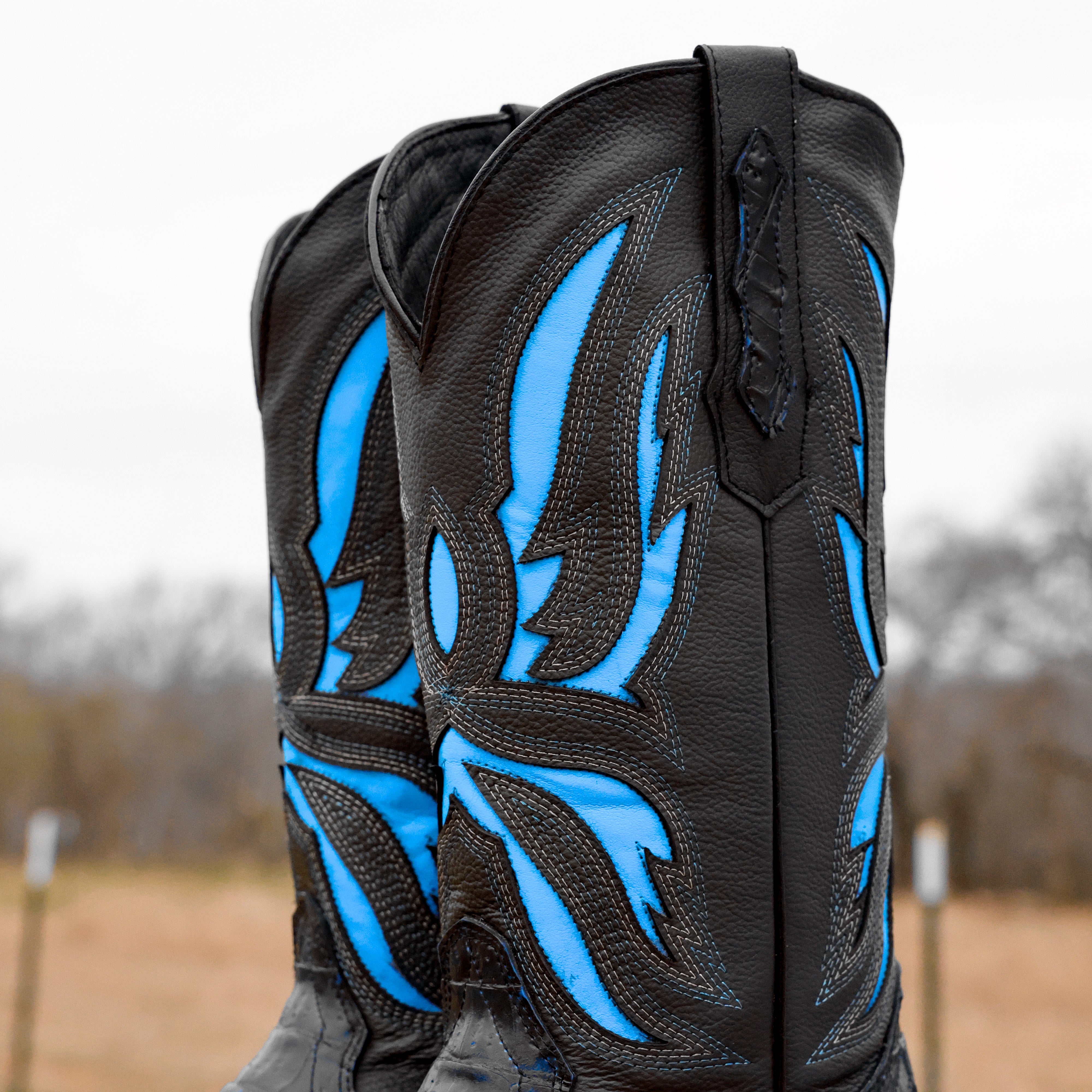 Black/Blue Caiman Hornback Leather Boots - Square Toe