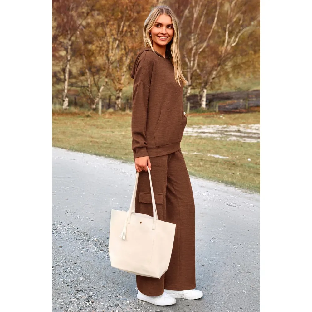 Women’s Casual Knit Tracksuit – Hoodie & Wide Leg Pants with Pockets