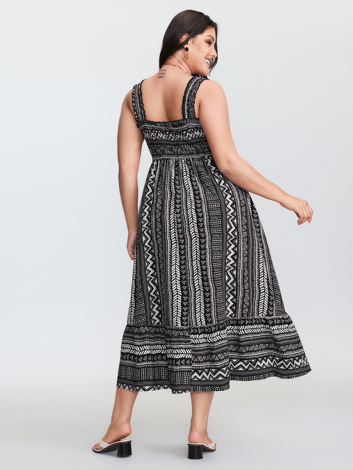 Monochrome Striped Shirred Wide-Straps Midi Dress