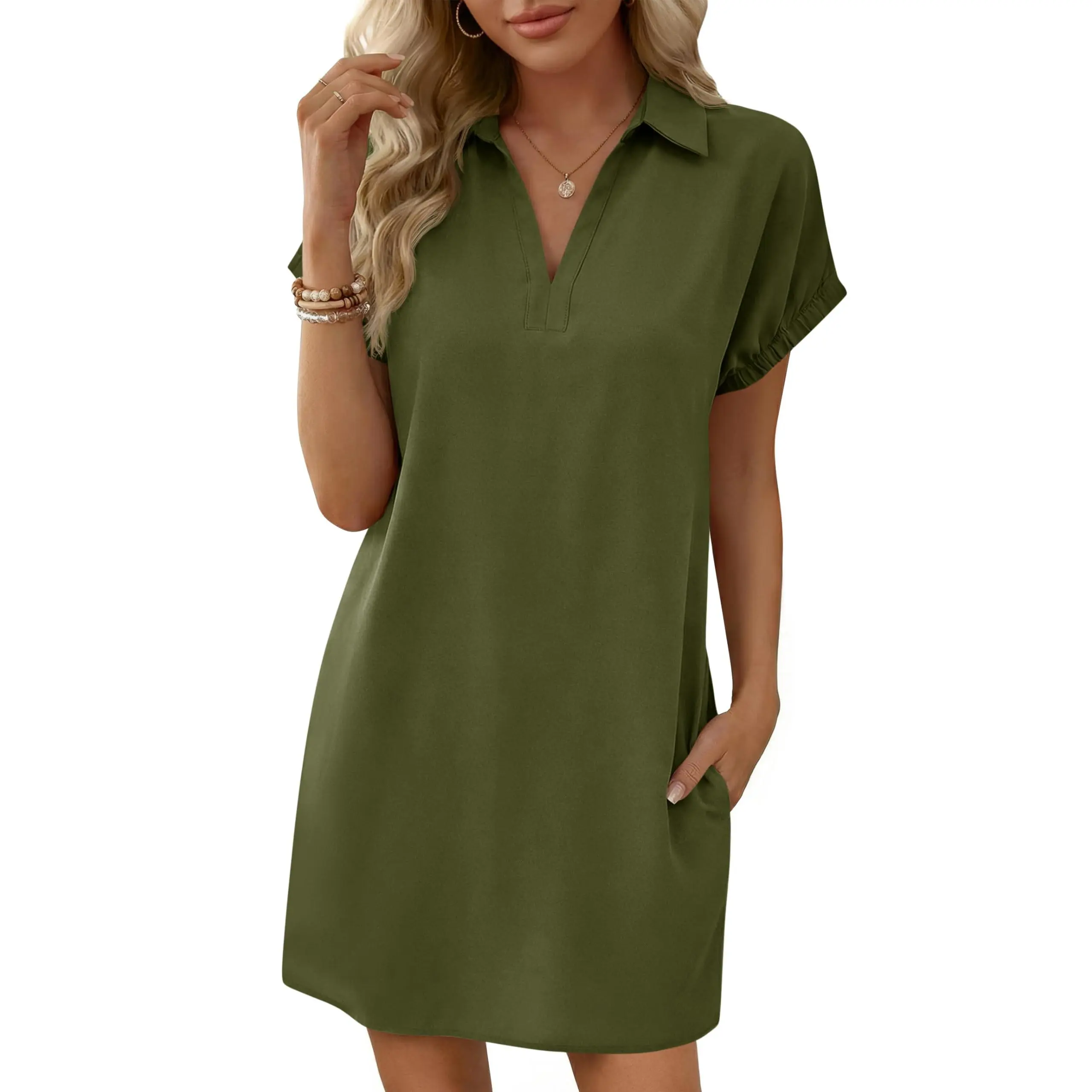 Women’s V-Neck Pleated Shirt Dress – Casual Summer Essential