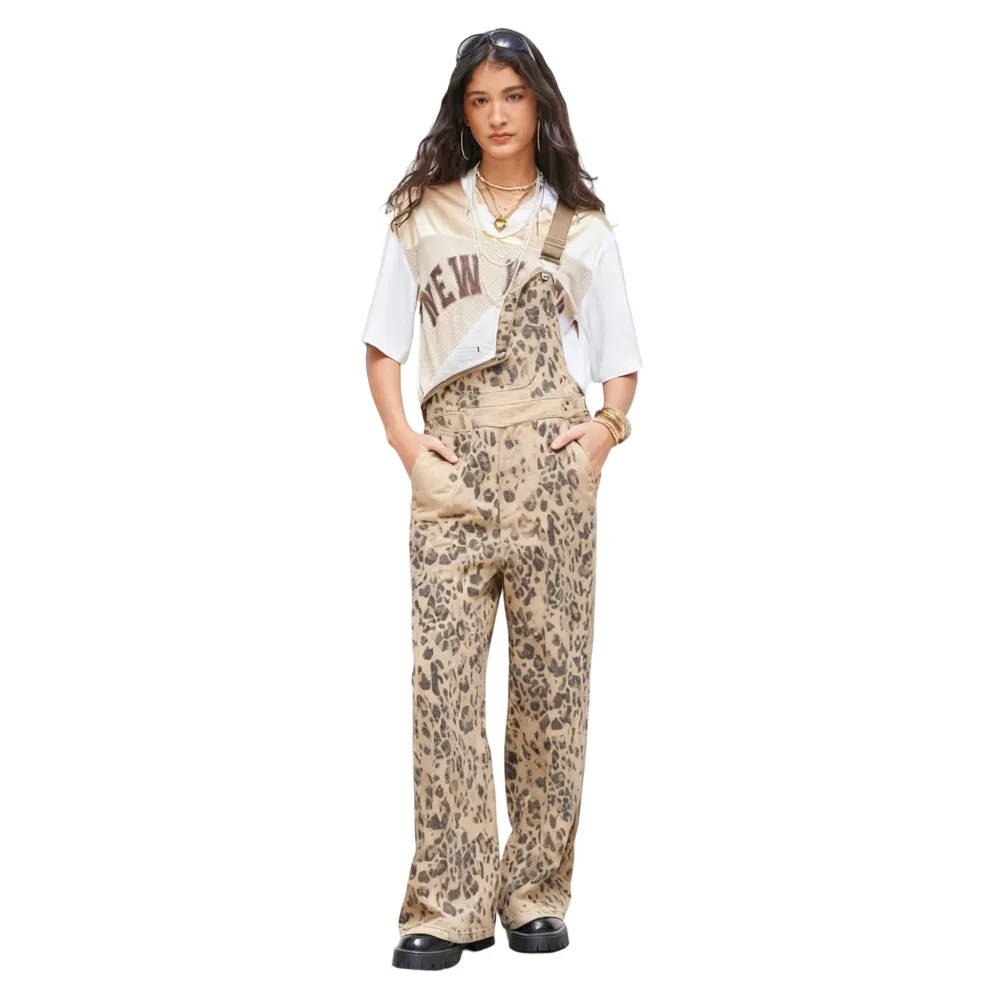 Women's Leopard Buckle Oversized Denim Wide Leg Jumpsuit