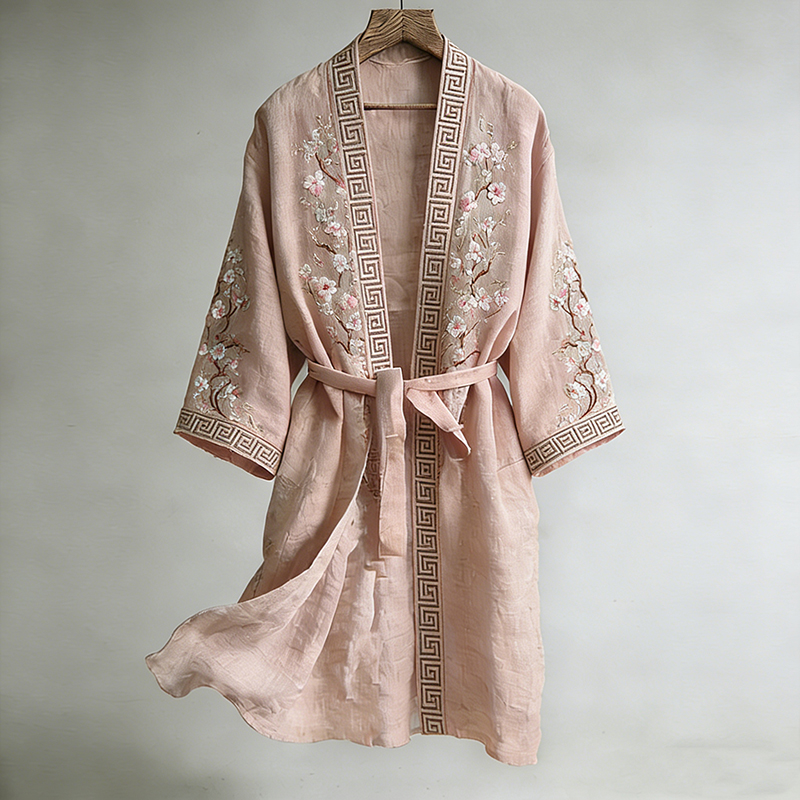 Retro Japanese Cherry Blossom Art Linen Blend Long Kimono