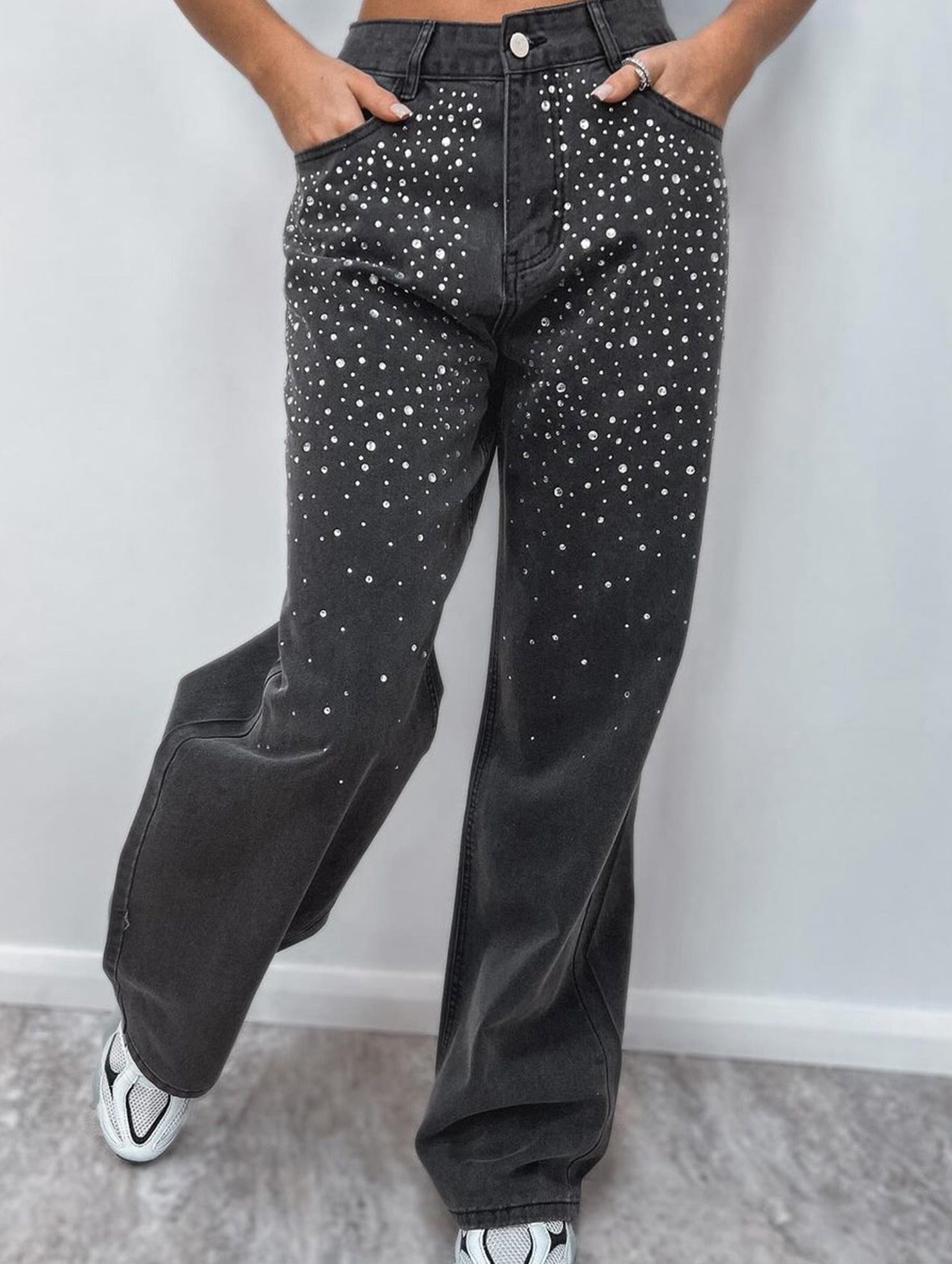 Retro loose-fitting rhinestone denim jeans